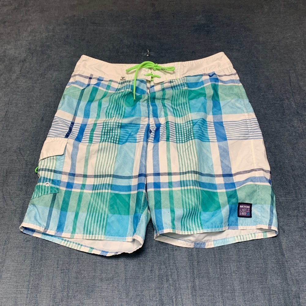 American Eagle Outfitters Board Shorts Mens L Multicolor Plaid Beach Drawstring